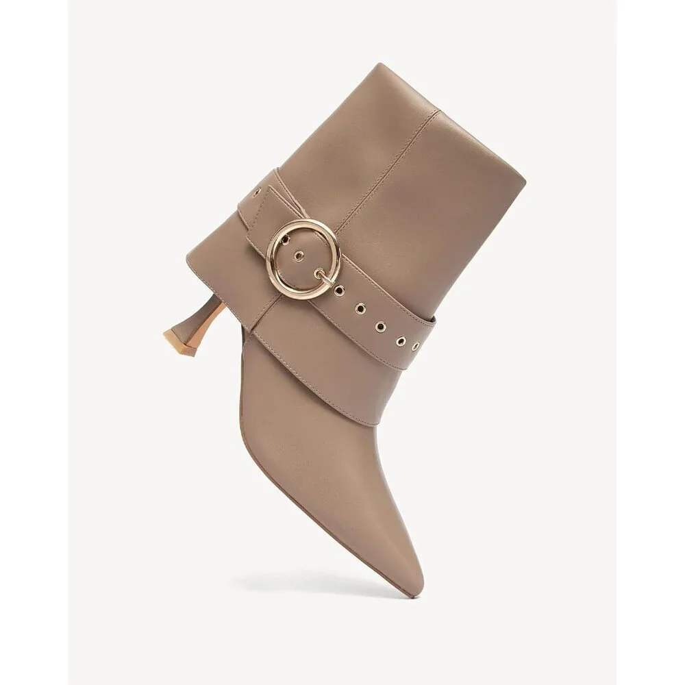 Women's Apricot Pointed Toe Ankle High Heel Short Booties With Gold Buckle Strap